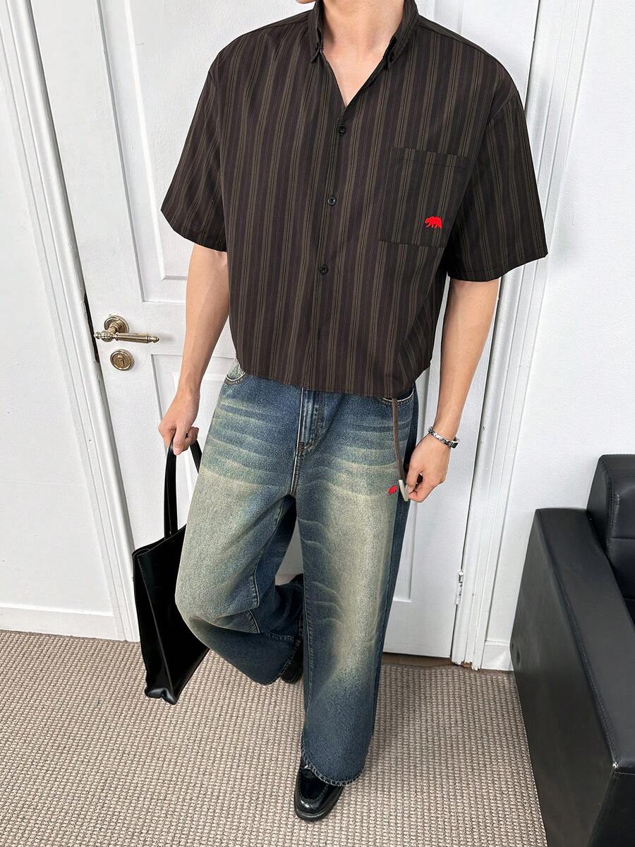 ESTAVOR Men's Fashionable Casual Striped Button-Down Short Sleeve Shirt - Brown - View 1