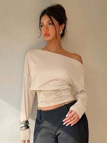 Women's Lace Patchwork Oblique Shoulder Long Sleeve T-Shirt, Autumn/Winter Spring - Apricot - View 3