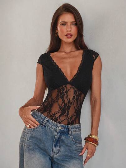 Aloruh V-ringad spets sexig halvtransparent ärmlös bodysuit, svart