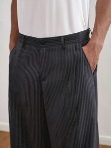 TOKVUE Pantalones casuales de rayas de pierna ancha para hombre, pantalones casuales rectos y sueltos con bolsillos, pantalones holgados grises, pantalones de diseñador, pantalones de cintura alta de pierna ancha, pantalones grises de vestir, pantalones grises - Gris Oscuro - Ver 5