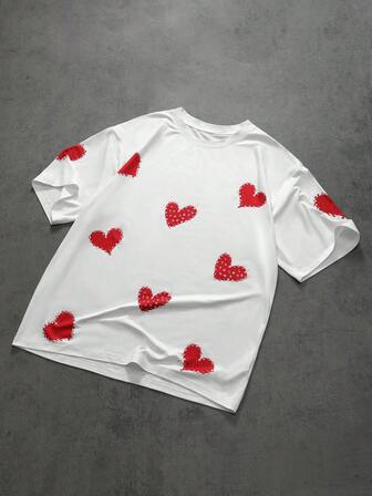 Men's Valentine's Day Heart Print Short Sleeve Round Neck T-Shirt, Casual For Vacation, Dining, Daily Dating, Simple And Versatile Design, Suitable For Self-Wear Or Gift To Friends Valentine's Day