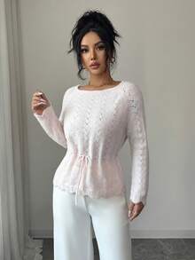 Rafferiza Women's Hollow Out Drawstring Knit Pullover Sweater Knit Tops Knit Top Women Lace Long Sleeve Sweater Sets For Women Knit Two Piece Set - Pink - View 3