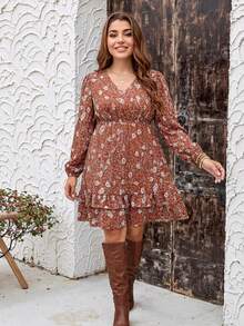 SHEIN LUNE Große Größen V-Ausschnitt Blume Muster Boho-Stil Langarm Kleid, perfekt für Thanksgiving, Silvester und Feiertage - Verschiedenfarbig - Übersicht 7