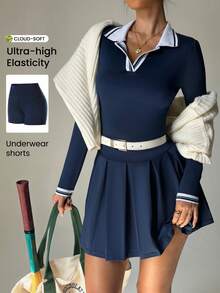 Dewbera Women's Striped Collared Long Sleeve Yoga Activewear Dress With Shorts - Navy Blue - View 1