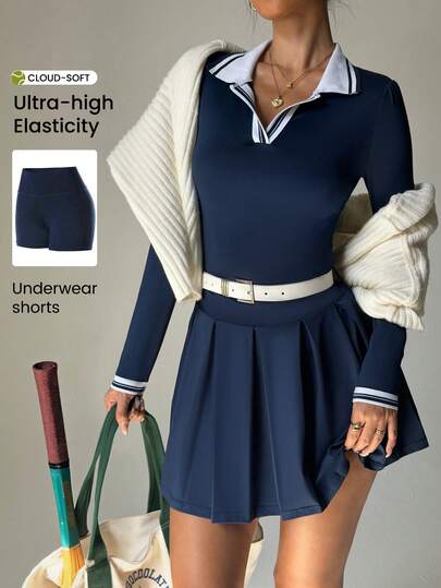 Dewbera Vestido de yoga de manga larga con cuello a rayas y pantalones cortos para mujer