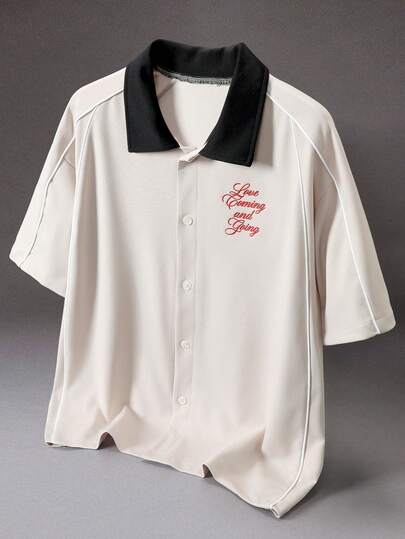 STYNVO 男士标语刺绣撞色短袖单排扣休闲衬衫