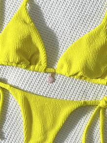Swim Mod Women's Jacquard Fabric Halter Metal Decor Sexy Bikini Set, Summer - Yellow - View 5
