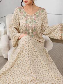 Yasmyna Women's Apricot Woven Floral Embroidered Collar Scalloped Hem Elegant Arabic Style Dress, Spring/Summer - Apricot - View 3