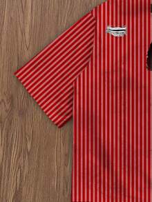 Manfinity Roghcode Plus Size Men's Loose Faux Striped Distressed Black & Red Printed Short Sleeve Shirt - Red - View 4
