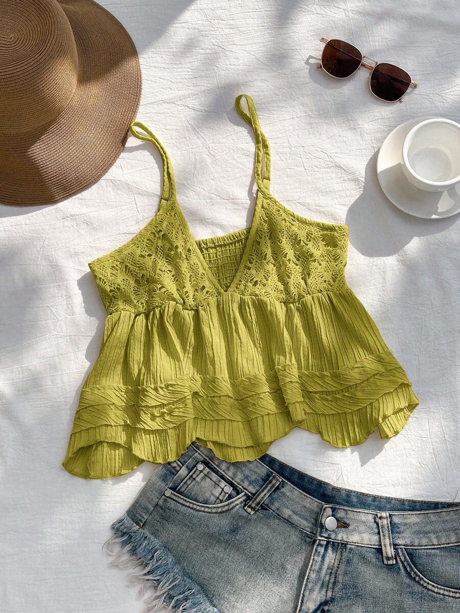 Comfortcana 女士纯色荷叶边下摆时尚吊带背心 - 綠色 - 查看 1