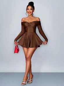 SOLERSUN Women's Winter Clothes Elegant Commuting Valentine's Day New Year's Party Women's Autumn Winter Women's Sexy One Shoulder Jumpsuit, Waist Slim Fit Ruffle Angra Red Mini Fake Skirt Jumpsuit, - Brown - View 1