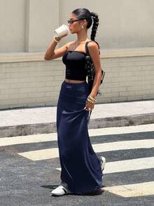 SHEIN Teen Girls' Navy Blue Solid Color Pleated Mermaid Maxi Skirt, Casual & Minimalist Long Skirt Navy Blue Skirt Skirt Long