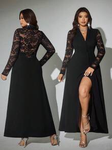 Viva Relle Plus Size Women Elegant Romantic Sexy Lace Backless Blazer Collar Fitted Split Dress, Suitable For Party And Valentine's Day - Black - View 1