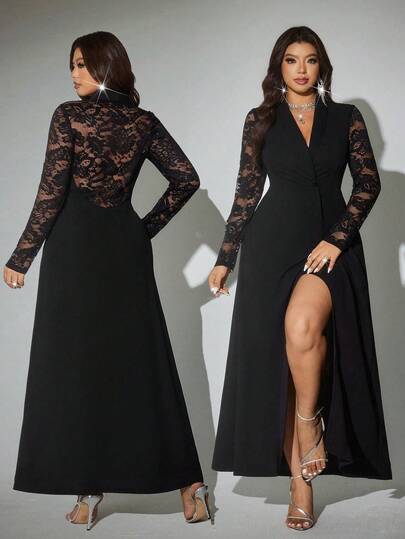 Viva Relle Plus Size Women Elegant Romantic Sexy Lace Backless Blazer Collar Fitted Split Dress, Suitable For Party And Valentine's Day