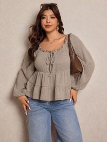 Elaquor Áo thun dài tay cỡ lớn dành cho nữ, cổ bèo nhún, phối nhiều mảnh, màu mơ, kiểu dáng thường ngày đa năng. - Màu be - Xem 6