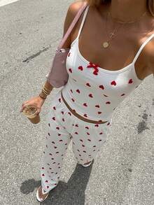 Aloruh 2pcs Women's Summer Casual Heart Allover Print Bow Tie Spaghetti Strap Top And Pants Set, Valentine's Day Outfit, Suitable For Valentine's Day Date, Y2K - Multicolor - View 3