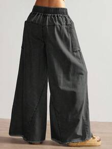 Bohemela Women's Casual Solid Color Woven Loose Wide Leg Pants - Black - View 7