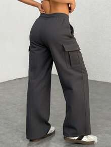 Pantalón casual negro con rayas laterales, simple y de moda para uso diario - Gris Oscuro - Ver 2