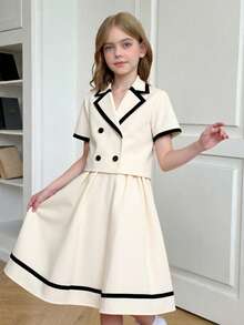 SHEIN بدلة كاجوال للمراهقات تتكون من بليزر قصير أكمام بلون المشمش مع تصميم ألوان متباينة وتنورة مصنوعة من القماش المطوي، مناسبة للمناسبات والتجمعات - متعدد الألوان - مشاهدة 2