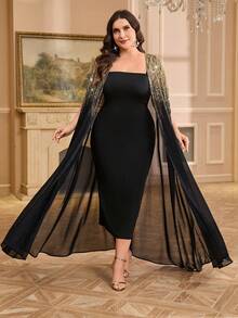 SHEIN Clasi Plus Size Women Shiny Batwing Sleeve Cardigan And Slip Dress Elegant 2 Pieces Set Modest Sets - Black - View 7