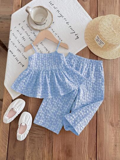 SHEIN LMoss Kids 女婴夏季休闲沙滩度假纯色提花吊带娃娃衫和松紧腰阔腿裤套装