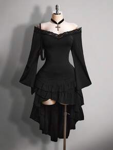 SHEIN ICON 大码女式V领蕾丝拼接喇叭袖T恤 - 黑色 - 查看 4