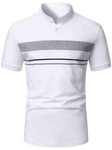 Manfinity Mode 男士经典立领休闲Polo衫，男士T领T恤，男士夏季服装，男士高尔夫球衫，男士短袖T恤，适合周末旅行、户外活动、探险旅行、轻松的工作环境或半正式场合，可作为男友/丈夫礼物、周年纪念/生日礼物、派对、暑假、新年、婚礼、情人节等场合穿着。 - 白色 - 查看 5