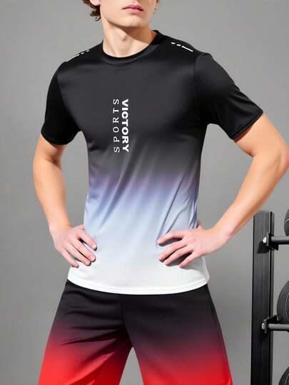 SHEIN 青少年男童黑白渐变运动字母撞色圆领T恤，休闲运动服，舒适时尚，适合日常穿着、上学、郊游、篮球、足球、健身等户外运动，春夏皆宜。