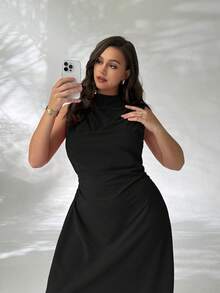 Firerie 女士优雅简约精致浪漫甜美日常通勤婚礼派对音乐节度假褶皱A字迷你连衣裙，红色吊带 - 黑色 - 查看 4