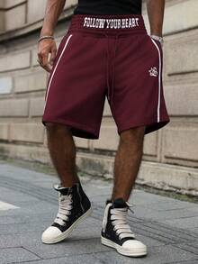 Manfinity EMRG Young, Streetwear Style Double Waistband, Printed, Webbing Plus Size Men Shorts - Burgundy - View 5