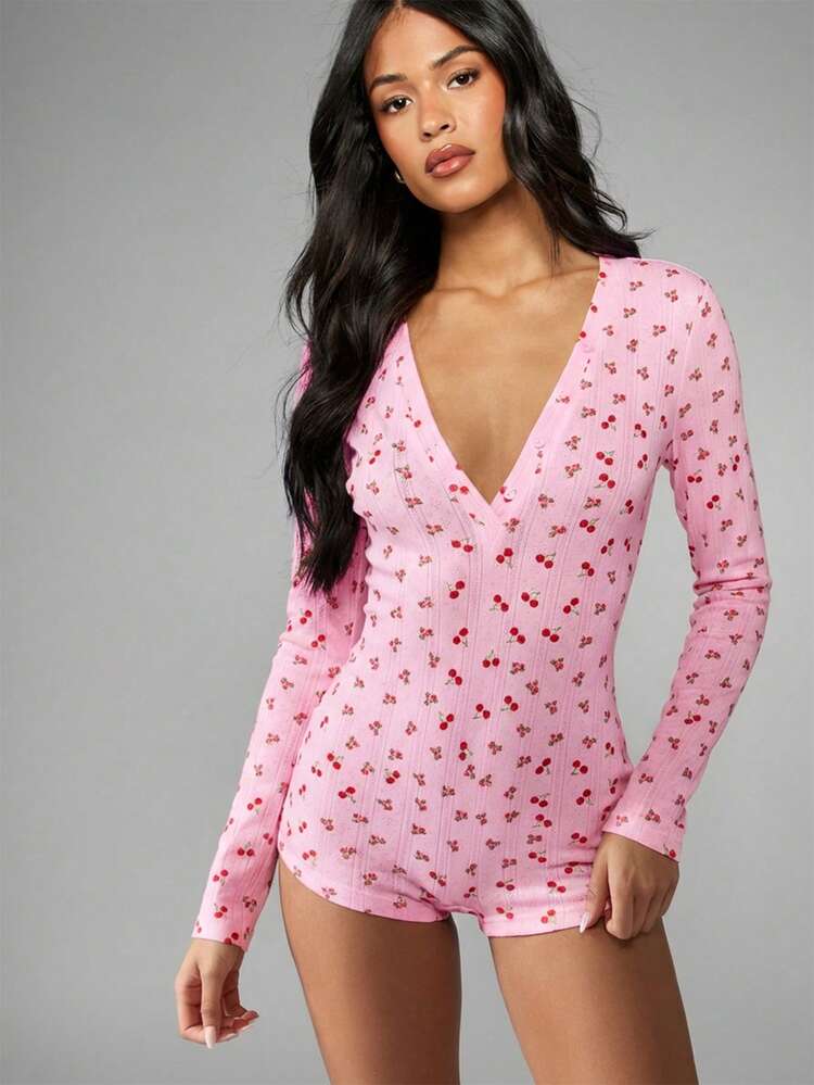 MISSGUIDED Cherry Print Pointelle Long Sleeve Deep V-Neck Romper Playsuit Spring Summer Casual Lounge Sleepwear Jumpsuit