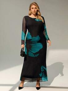 Auralis 大码优雅船领长袖扎染渐变随机印花网纱透视性感鸡尾酒会休闲长裙 - 藍色 - 查看 7