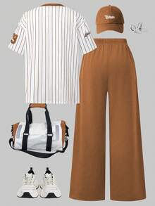 SHEIN ChillGRL 2pcs/Set Casual Fashion Teenage Girls Number Graphic V-Neck Short Sleeve Top And Wide Leg Sweatpants Set - Brown - View 2