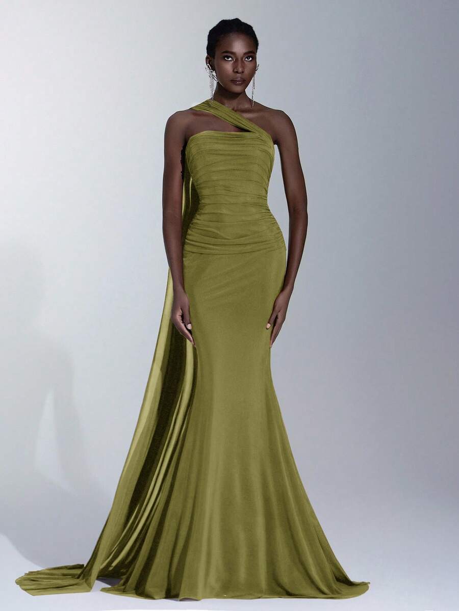 Elitara 优雅棕色无肩带高弹力亮面网纱褶皱美人鱼不对称领口飘逸连衣裙，适合约会、婚礼、活动、伴娘等场合 - 橄欖綠 - 查看 1