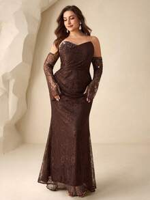 Coutiva Plus Size Luxury Evening Gown, Beaded High-End Formal Dress, Elegant Dignified Party Dress Valentines Dress Elegant Dress Sequin Dress Floral Dress Luxury Chocolate Brown Dress Brown Formal Dress Brown Dresses Classy Elegant Brown Wedding Guest Dress Brown Bridesmaid Dress Brown Elegant Dress Brown Lace Dress  Graduation Ceremony, School Opening, Music Festival, Birthday Party, Wedding, Afternoon Tea Gathering, Ball - Khaki - View 8