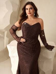 Coutiva Plus Size Luxury Evening Gown, Beaded High-End Formal Dress, Elegant Dignified Party Dress Valentines Dress Elegant Dress Sequin Dress Floral Dress Luxury Chocolate Brown Dress Brown Formal Dress Brown Dresses Classy Elegant Brown Wedding Guest Dress Brown Bridesmaid Dress Brown Elegant Dress Brown Lace Dress  Graduation Ceremony, School Opening, Music Festival, Birthday Party, Wedding, Afternoon Tea Gathering, Ball - Khaki - View 5