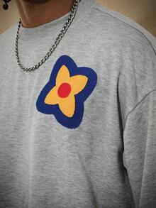 PAVTROS Men's Embroidered Crew Neck Long Sleeve T-Shirt And Drawstring Waist Pants Set Sweatpants Patched Men 2 Piece Set Patched Mens Two Piece Outfit Sweatpants Mens Street Wear Sets Y2k Tracksuit Men Streetwear Old Money - Grey - View 2