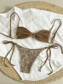 Swim Vcay Bộ bikini nữ mùa xuân/hè gồm áo hai dây dệt kim jacquard không gọng, họa tiết vỏ sò và quần bơi buộc dây bên hông, thích hợp cho kỳ nghỉ biển hoặc du lịch. - màu nâu - Xem 2