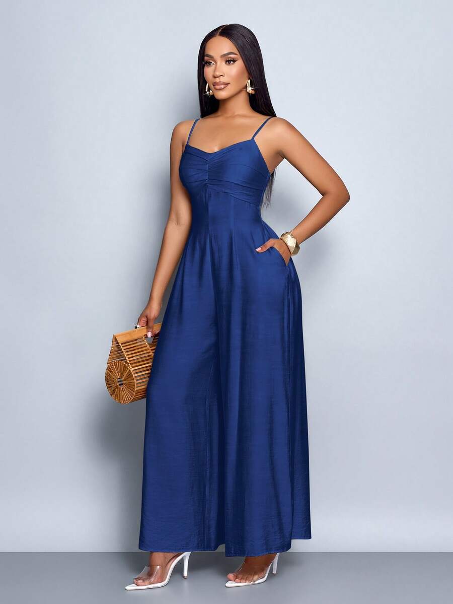 SOLERSUN Tuta da donna con scollo a cascata, colletto a cascata, allacciatura, schiena scoperta e gamba ampia, adatta per uso quotidiano e vacanze - Blu Navy - Visualizzare 1