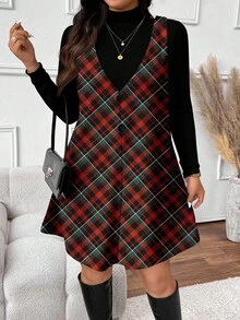 SHEIN Frenchy 格子圣诞氛围图案优雅格子印花加大码女装两件套，适合秋冬季、情人节、新年等节日，女式外套 - 彩色 - 查看 5