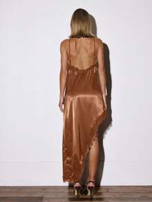 MUSERA Đầm ngắn satin cổ chữ V khoét sâu, viền ren bất đối xứng, thích hợp cho các dịp đi chơi, gợi cảm, thường ngày, buổi tối hẹn hò, thanh lịch, mùa xuân, ngày lễ tình nhân, kỳ nghỉ, đám cưới, khách mời, mùa hè. - màu nâu - Xem 5