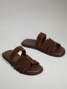 SHUZIA 奢华设计男士优质绒面咖啡色 H 型镂空可调节系带拖鞋 - 奢华舒适街头服饰，游艇俱乐部必备