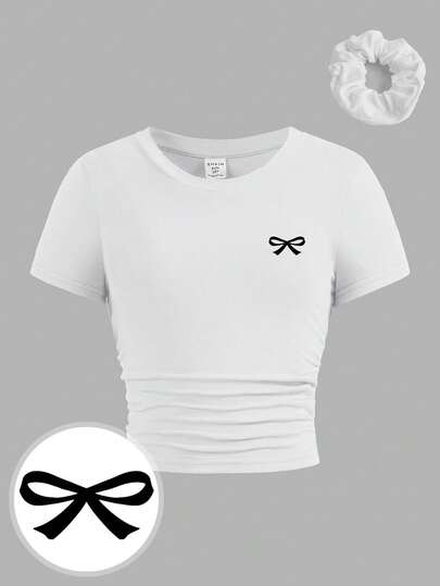 SHEIN Girlism Tween Girls Fitted Casual Crew Neck Short Sleeve T-Shirt With Side Ruching, Bow Print, And Hair Scrunchie,Summer,Y2k,Vacation,Streetwear,Holiday,New Years
