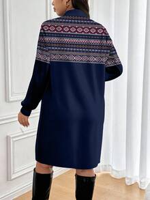 SHEIN Essnce Đầm dài tay dáng suông họa tiết hình học dành cho nữ cỡ lớn - Màu xanh hải quân - Xem 2