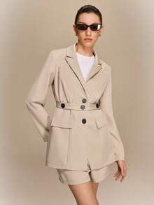 Hanevo Women's Solid Color Lapel NeckLong Sleeve Single-Breasted Jacket And Shorts Casual Suit Set - Apricot - View 3