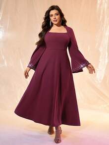 SHEIN Belle 情人节大码高端红色晚礼服，镶嵌水钻的优雅派对礼服，奢华迷人的婚礼宾客礼服，适合贵妇音乐节春夏礼服 - 中紫紅色 - 查看 1