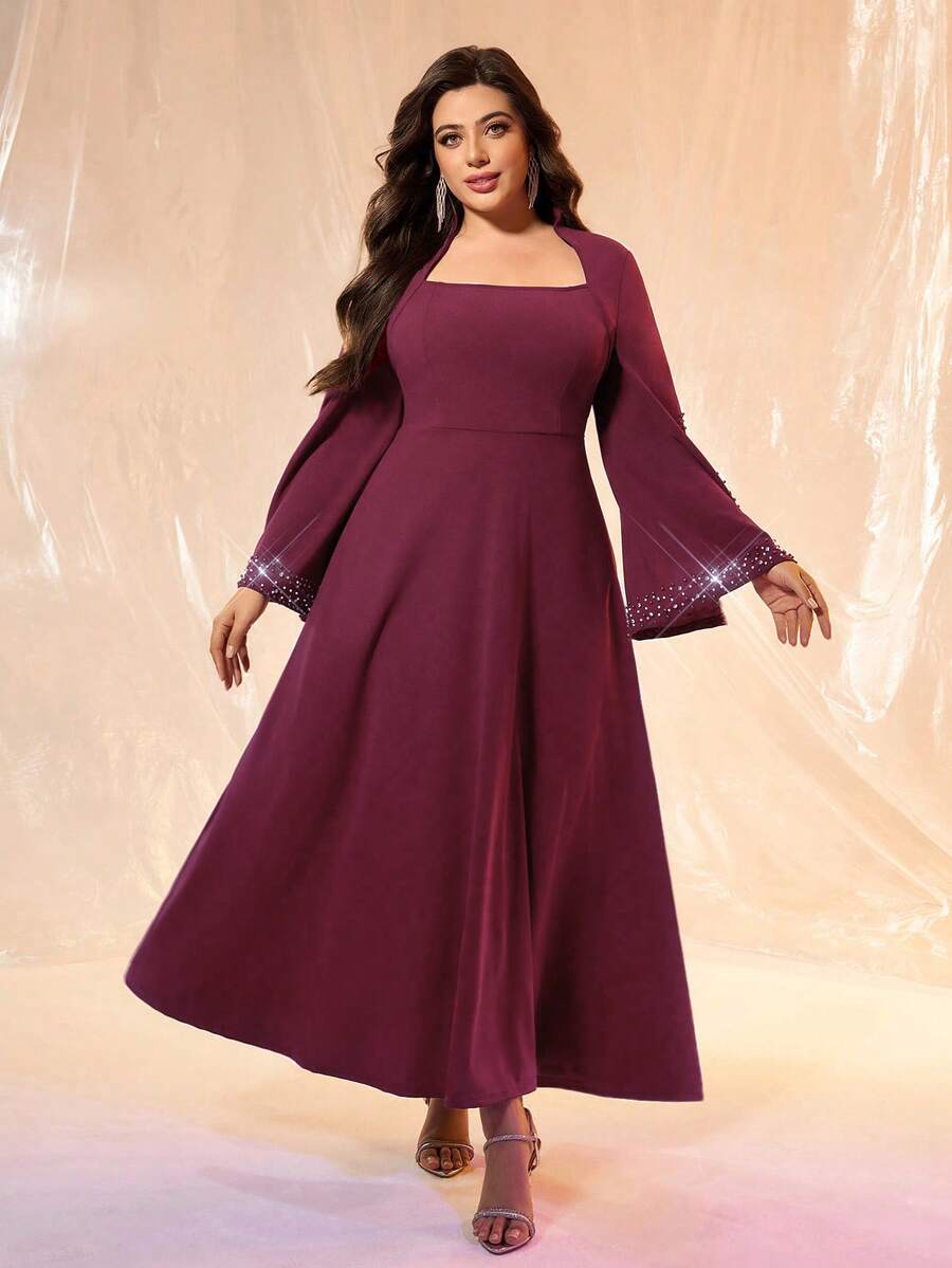 SHEIN Belle 情人节大码高端红色晚礼服，镶嵌水钻的优雅派对礼服，奢华迷人的婚礼宾客礼服，适合贵妇音乐节春夏礼服 - 中紫紅色 - 查看 1