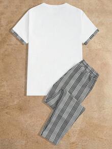 HIMLAND 男士字母印花短袖T恤和格子裤，复古夏季套装，舒适穿搭，情侣装