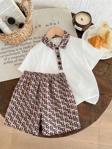 SHEIN 2pcs/Set Young Boys Casual Comfortable Retro College Pattern Full Print Shorts & White Short Sleeve Polo,Summer,School,Back-To-School Fashion Outfit - White - View 4