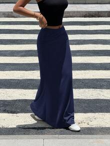 SHEIN Teen Girls' Navy Blue Solid Color Pleated Mermaid Maxi Skirt, Casual & Minimalist Long Skirt Navy Blue Skirt Skirt Long